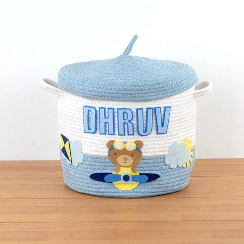 Teddy & Airplanes - Blue Rope Basket With Lid
